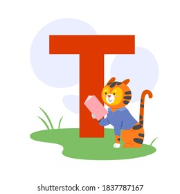 Children ABC english animal alphabet with T letter and cute Tiger.