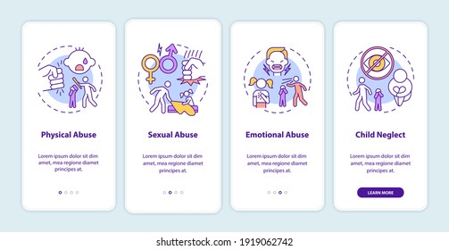 Children abuse onboarding mobile app page screen with concepts. Kid harassment. Child neglect walkthrough 4 steps graphic instructions. UI vector template with RGB color illustrations