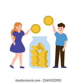 Children accumulate money, a jar with coins. Vector simple color flat illustration.