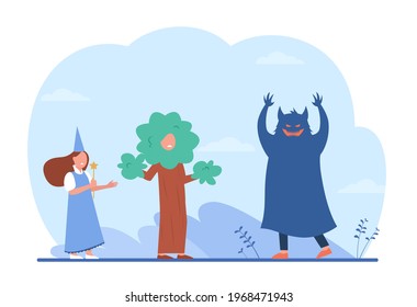 Children acting out fairytale. Cartoon child in monster costume scaring kids dressed as wizard and tree flat vector illustration. Theatre, acting, talent show concept for banner, website design