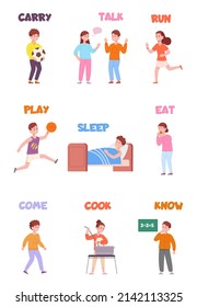 Children Action Verb. Child Character Learning Read English Mechanisme, Kid Activities, Exercise Education On Study Card Carry Eat Cook Sleep, Vector Illustration. Children Action, Carry And Play