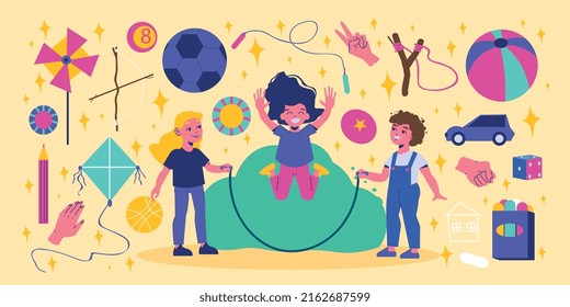 Children active games set with jumping girls flat vector illustration