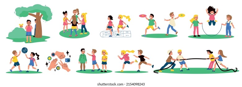 Children Active Outdoor Games Flat Icons Set Isolated Vector Illustration