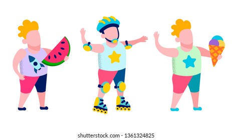 Children Active Recreation and Tasty Snack Outdoors Flat Card Boys Skating Rollers Eating Watermelon and Ice Cream Outside Vector Isolated Illustration Promotional Banner Summer Advertisement