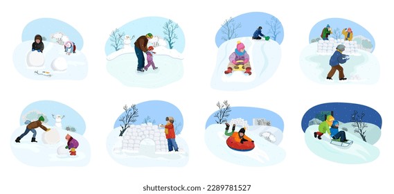 Children active at snowy park in winter holidays. Kids playing snowballs. Child wearing warm jacket and sliding from slope on sled and tubing. Little boy made snow castle fortress. Vector illustration