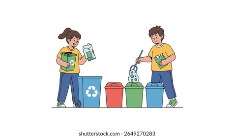 Crianças Participam Ativamente na Classificação de Materiais Recicláveis em Lixeiras Coloridas Designadas Promovendo Responsabilidade Ambiental Educação