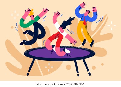 Children activities and having fun concept. Group of happy kids jumping on trampoline feeling positive having fun together vector illustration 