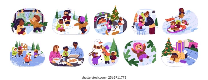 Children activities in winter set. Happy kids have fun in Christmas holidays. Girls and boys play snowballs, build snowman, baking, write letter to Santa. Flat isolated vector illustrations on white