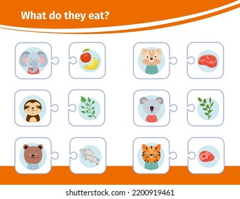 Children activity. Animal eat education game. Kids food book. Brainteaser worksheet. Match puzzles with mammals muzzles and meal. Carnivorous or herbivorous fauna. Vector illustration