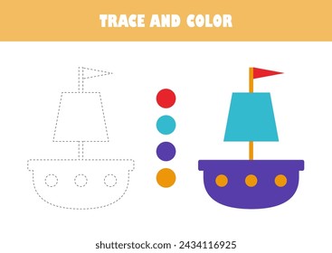 Children activity book vector illustration. Trace and color sail boat. Color and dashed line icons.