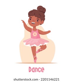 Children activity concept. Beautiful little preschooler girl in pink dress or tutu and pointe shoes dances and moves to music. Hobby or entertainment. Cartoon contemporary flat vector illustration