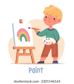 Children activity concept. Little creative boy artist hold brush and paint beautiful rainbow on canvas. Imagination and inspiration. Entertainment or hobby for child. Cartoon flat vector illustration