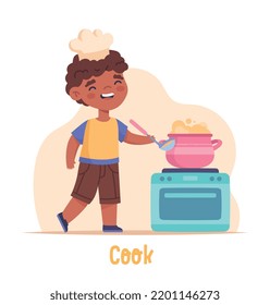Children activity concept. Little smiling boy chef prepares delicious food or cooks soup in kitchen. Entertainment or hobby for child. Design element for websites. Cartoon flat vector illustration