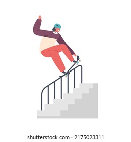 Children Activity On Street, Skateboarding Extreme Sport, Youth Urban Culture. Teen Boy In Skate Park Or Rollerdrome Perform Skateboard Stunts Sliding Down Stairs Railings. Cartoon Vector Illustration