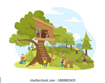 Children Activity In Park In Summer At Wood Tree House, Childhood Vector Illustration. Nature Cartoon Treehouse Building Landscape, Boy Girl Play. Green Garden For Kids, Cute Outdoors Playground.