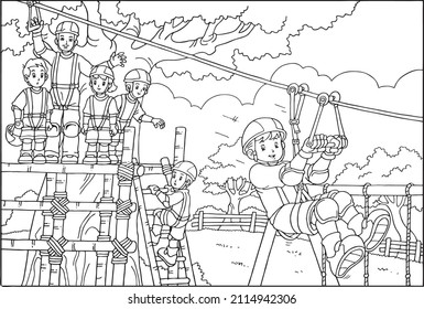 Children Activity Playing Flying Fox Black And White Line Vector To Coloring 