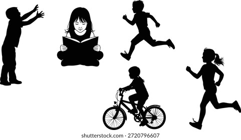 Crianças atividade silhueta vetor ilustração, leitura, corrida, ciclismo, movimento lúdico, design preto e branco, momentos de infância, diversão ao ar livre, poses expressivas.