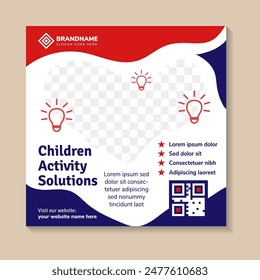 children activity solutions promotion social media post banner template design with white background and red blue color on element. square layout with space for photo. abstract wave liquid object. 