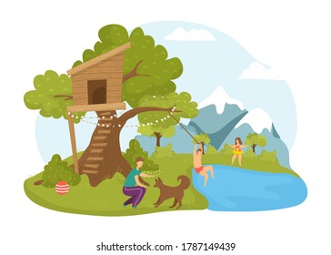 Children activity at tree house, summer nature vector illustration. Boy girl character in cartoon happy childhood at park landscape. People in wood treehouse, play near cute building.
