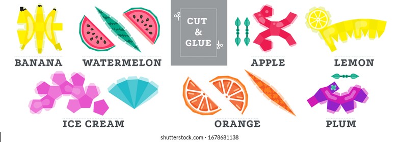 Children activity worksheet template. Fruit origami. Paper cutting and glue craft. Print ready illustration for your creative classes. Vector EPS 10