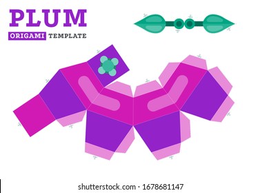 Children activity worksheet template. Plum fruit origami. Paper cutting and glue craft. Print ready illustration for your creative classes. Vector EPS 10