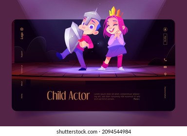 Children actors on theatre stage in school or kindergarten, kids playing roles of knight and princess on theatre scene illuminated with spotlights, boy and girl performing, Cartoon vector illustration