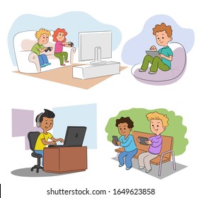 Children addicted from digital device. Kids playing game gadget cartoon scenes set. Boys and girls gaming on laptop, computer, tablet, smartphone, console at home and in park. Vector flat illustration