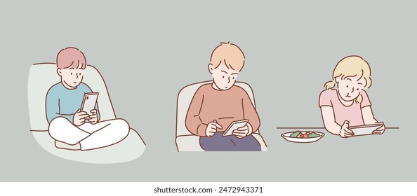 Children addicted to smartphones, children eating while looking at their smartphones. Hand drawn style vector design illustrations.