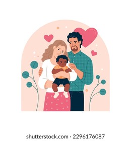 Children Adoption concept. Vector cartoon flat illustration of a young married couple with a black child in their arms. Isolated on background with plants and hearts.