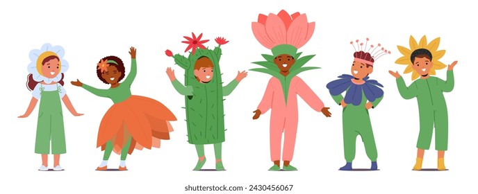 Children Adorned In Vibrant Blossom Costumes, Petals Fluttering With Every Step. Their Outfits Burst With Colors, Turning The Room Into Blooming Garden Of Joy And Laughter. Cartoon Vector Illustration