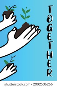 Children and adult hands holding dirt and young plant, together preserving life and nature in blue gradient background. Ecology concept. Vector japanese style poster.