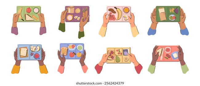 Children or adult hands holding up lunch boxes with healthy food nutrition in educational institutions or office. Vector healthy and nutritious food. Sandwiches with fruits and vegetables