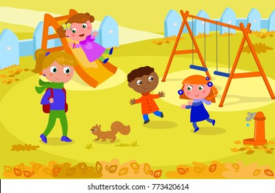 Children and adult at the playground in fall, playing with squirrel. Vector illustration