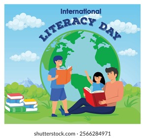 Children and an adult reading books in a natural outdoor setting, celebrating International Literacy Day with an emphasis on education, knowledge sharing, and global environmental awareness. 