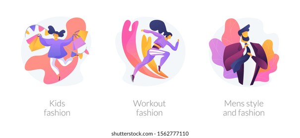 Children and adults clothes flat icons set. Female sportswear, male formal wear. Kids fashion, workout fashion, mens style and fashion metaphors. Vector isolated concept metaphor illustrations.