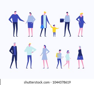 Children and adults - flat design style set of isolated characters on white background. Cartoon young parents in casual clothes with their kids in different situations