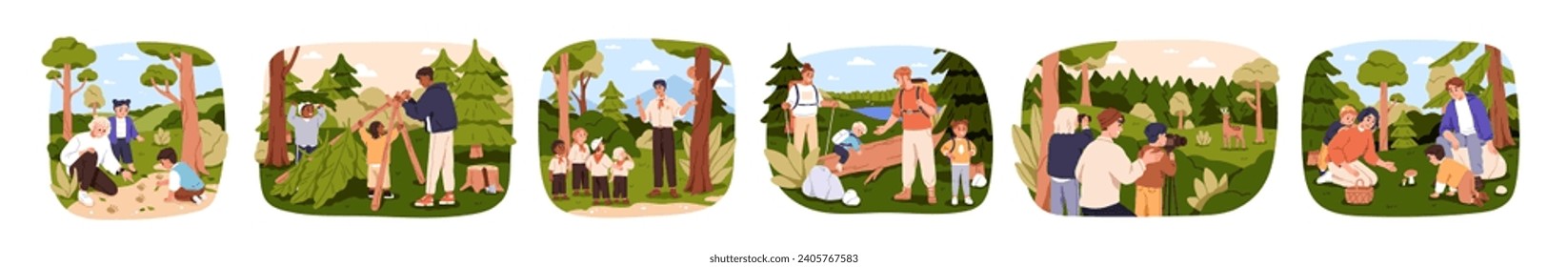 Children and adults in forest set. Kids, parents in nature on summer holiday, studying environment. Outdoor leisure, scouting, adventure. Flat graphic vector illustration isolated on white background