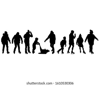 Children and adults ice skate. Isolated silhouettes of people on a white background