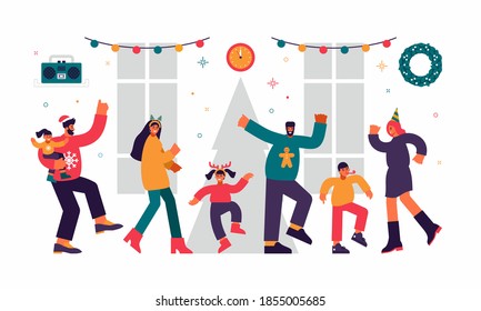 Children and adults new year joint party illustration. Happy male and female characters dance with their kids in festive costumes. Celebration christmas mood with garlands lanterns hats vector flat.