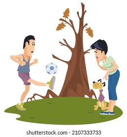 Children and adults play ball in nature. Family playing soccer. Illustration concept for mobile website and internet development.