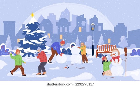 Niños y adultos juegan en la nieve al aire libre. Haz un muñeco de nieve, juega bolas de nieve. Paisaje con árbol de Navidad, banco de nieve en frío y frío clima. Dibujo vectorial de dibujos animados planos de color