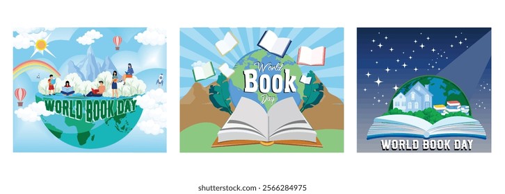 Children and adults reading books.  Earth and Flying Open Books. Open Book Representing World Book Day with home, Stars and Earth. Set flat vector modern illustration 
