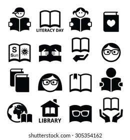 Children and adults reading books, International Literacy Day icons
