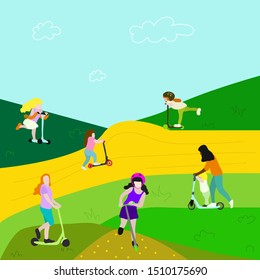 children and adults riding on scooters on green hills. children have fun driving scooters. summer time . Colorful vector illustration.