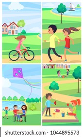 Children and adults spending free time actively in public park poster of four images. People running, riding bike, flying kite, playing in sandbox