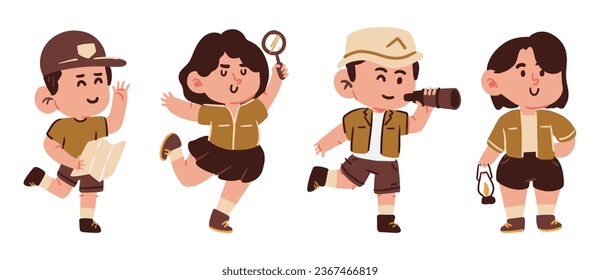 Niños con uniforme de aventura. Estilo dibujado a mano. Juego de personajes lindos de dibujos animados . Fondo aislado blanco. Vector.