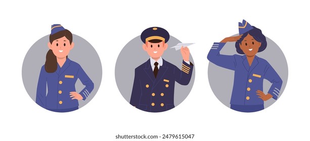 Children aircraft team with pilot and stewardess cartoon characters isolated round composition set