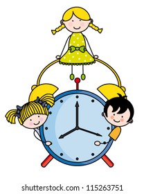 Children with an alarm clock. Funny vector, isolated on white background
