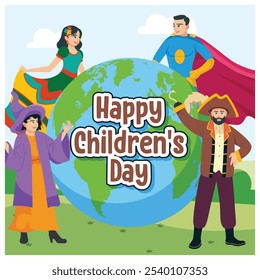 Children all over the world celebrate Children's Day. Children wearing superhero costumes. Children's Day concept. Flat vector illustration.