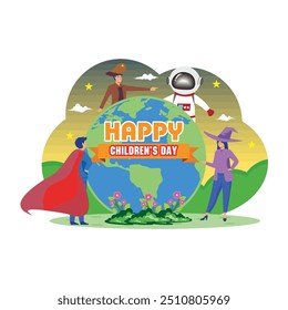 Children all over the world dress up as superheroes, astronauts, pirates, wizards and fairy tale princesses. flat vector modern illustration 